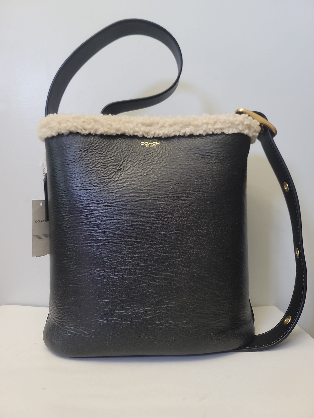 Coach Black Leather Shearling-Trim Bucket Bag